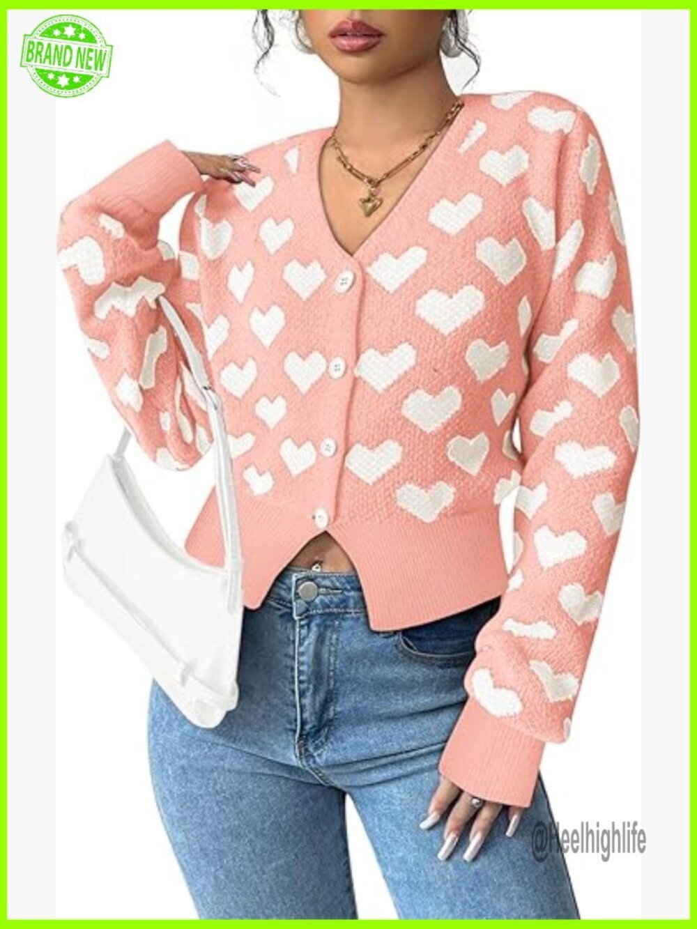 V-Neck Cropped Cardigan with Heart Embroidery, Long Sleeve Button Front